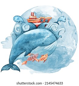 Watercolor Cute Sea Animal Clipart Blue Stock Illustration 2145474633 ...