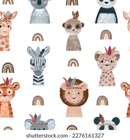 Watercolor cute seamless pattern and boho animals   rainbows  Hand drawn illustration for fabric  wrapping paper  etc 