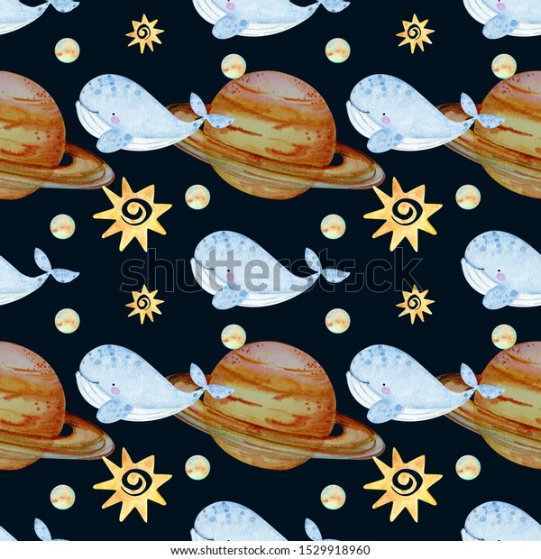 Watercolor cute seamless pattern with cartoon\
blue whales and planets, saturn, the sun. Baby design, kawaii style\
on a black background. Can be used for wallpapers, pattern fills,\
surface\
textures