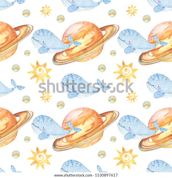 Watercolor cute seamless pattern with cartoon\
blue whales and planets, saturn, the sun. Baby design, kawaii style\
on a white background. Can be used for wallpapers, pattern fills,\
surface\
textures.