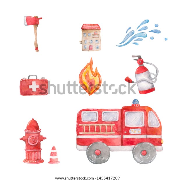Watercolor cute set Firefighting and fire safety\
equipment illustration. Light buzzer and fire detector, fire\
station and hydrant. Baby shower red colorful clip art. Card,\
poster and invite\
design