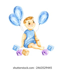 watercolor cute sitting baby boy wearing in blue clothes and shiny blue balloons, multicolor wooden cubes, hand drawn illustration of newborn baby, smiling happy child isolated on white background - Powered by Shutterstock