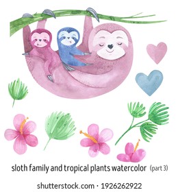 Watercolor Cute Sloths Family Set. Sleepy Animal, Lazy, Jungle Animals, Tropical Forest, Lianas, Tropical Flowers, Baby Sloth. Father's Day. Mother's Day. Dad Mom And Baby.	