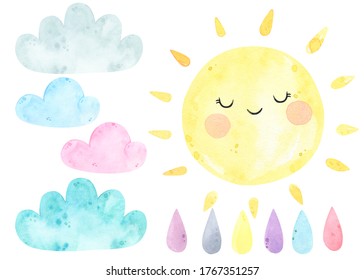 Watercolor Cute Sun, Clouds, Drop, Rain Weather Watercolor Set.  Sunny, Sunshine, Sky, Sweet Dreams. Watercolor Prints, Baby Shower, Greeting Card. Hand Drawn Illustration. Nursery Decor. Scandinavian