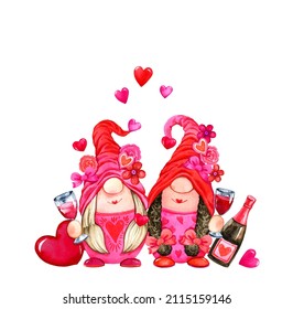 Watercolor Cute Valentines, Galentines Best Friends Girl Gnome. Cartoon Love Character Illustration. Valentine's Day Greeting, Card, Invitation, Flyer