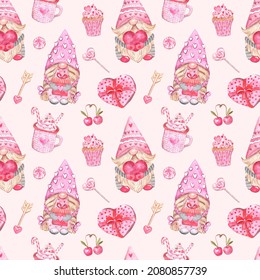 Watercolor cute Valentines gnome couple seamless pattern. Hand drawn Nordic elf with red heart, gift, hot cocoa cup, desserts. Pastel pink color palette. Cartoon illustration.