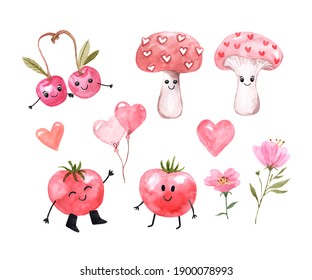 Watercolor cute veggies   fruits illustration  Valentine's day themed design  Kawaii cartoon tomatoes  cherry  mushroom and hearts  isolated white background  Holiday card design 