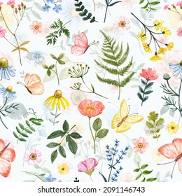 Watercolor Cute Wildflowers Seamless Pattern. Summer Flowers, Leaves, Herbs, Butterflies On Pastel Blue Background. Floral Wallpaper.