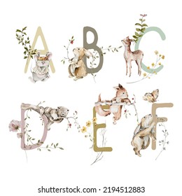 Watercolor cute woodland alphabet. Hand painted letters, numbers with field greenery, wildflowers, forest animals. Font with rabbit, bear, deer, squirrel, fern. Nursery, kids illustration for print - Powered by Shutterstock