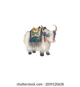 
Watercolor Cute Yak With Pom-poms On The Ears And In A Cape