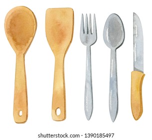 Watercolor Cutlery - Fork, Spoon, Knife, Wooden Spoon.