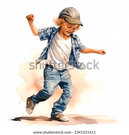 Watercolor dancing kid, happy boy dance, playing boy, watercolor clipart isolated on white background.