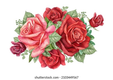 Watercolor dark red rose branch, burgundy rose flower border, wedding arragement, bridal shower element,Vintage realistic botanical  rose