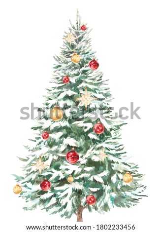 Watercolor decorated Christmas tree illustration. Holiday greeting card