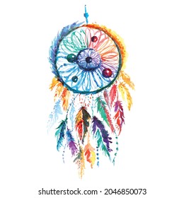 Watercolor Decoration Bohemian Dreamcatcher Colorful.Boho Feathers Decoration.Fetish Mystery Etnic Tribal.American Culture.