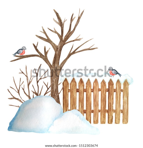 Watercolor Decorative brown wooden fence in winter\
with snow, Christmas tree and Bullfinch bird couple and snowdrifts.\
Front view, arrow head. Greeting card, poster concept with copy\
space for\
text.