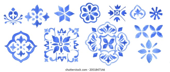 Watercolor Decorative Mediterranean patterns in monochrome blue. Ready to assemble tiles, patterns, decorations, design, borders, graphic design and more! Isolated on white background. Indigo, cobalt