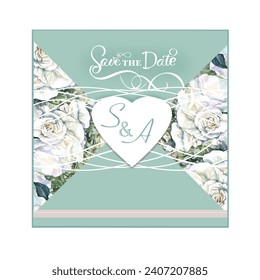 Watercolor decorative wedding card Save the Date with white roses flowers - Powered by Shutterstock