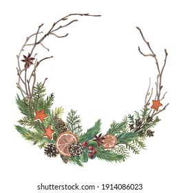 Watercolor decorative wreath of thuja, spruce and orange slices. Winter eco-friendly decor for printing greeting cards. Decorative element.