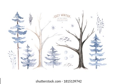 Watercolor Deer With Fawn, Rabbits, Birds Isolated On White Background. Wild Forest Animals Set. Hand Painted Winter Illustration.