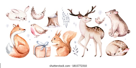 Watercolor Deer With Fawn, Rabbits, Birds Isolated On White Background. Wild Forest Animals Set. Hand Painted Winter Illustration