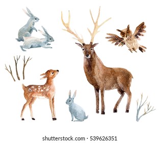 Watercolor Deer With Fawn, Rabbits, Birds Isolated On White Background. Wild Forest Animals Set. Hand Painted Winter Illustration