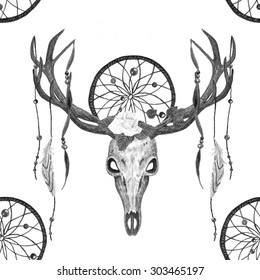 Watercolor Deer Skull  Dreamcatcher  Feather  Rose  Ribbon & Bead seamless pattern white background  Watercolor Boho Style texture  Cloth design  Black & White style backdrop 