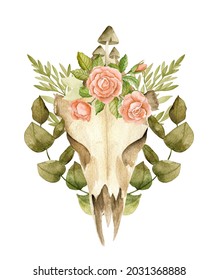 Watercolor deer skull   vintage flowers