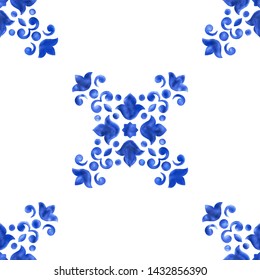 Watercolor delft blue style porcelain seamless pattern, dutch ceramic tiling ornament. Delicate cobalt blue floral pattern. Damask on white background. Holland tile motives blue background.