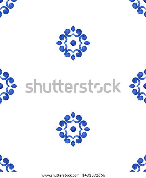 Watercolor delft\
blue style seamless pattern, mediterranean tiling ornament.\
Delicate cobalt blue stylized floral pattern on white background.\
Holland tile motives blue\
background.
