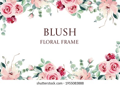 Watercolor Delicate Blossom Floral Illustration - Frame, Border With Bright Blush, Red, White, Pink, Vivid Flowers, Green Leaves, For Wedding Stationary, Greetings, Wallpapers, Fashion, Wrapping
