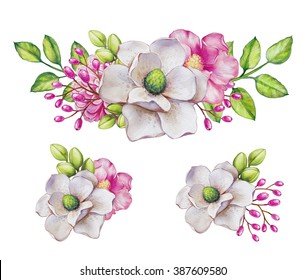 watercolor delicate flowers and fresh green leaves, design elements set, floral decoration, isolated on white background - Powered by Shutterstock