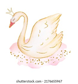 Watercolor Delicate White Princess Swan With Crown