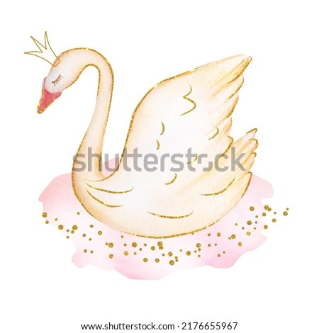 Watercolor delicate white princess swan with crown