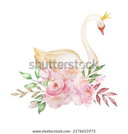 Watercolor delicate white princess swan with a bouquet of roses