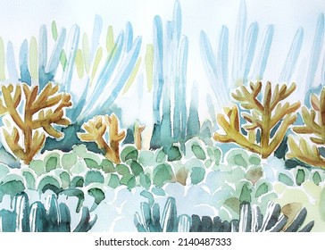 Watercolor Desert Illustration. Exotic Landscape With Cactuses Background. Hand Painted Succulent Banner.