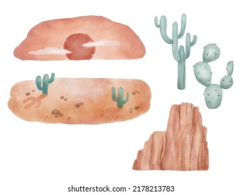 Watercolor Desert Landscape. Cactus Illustration Isolated On White, Wild West