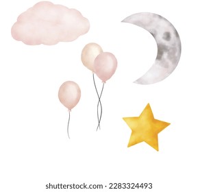 Watercolor design Decoration elements cloud, balloons, half-moon, star with pastel pink colors for baby art. Idea for wallpapers, baby shower, invitations, children’s art, copybook, stickers, posters - Powered by Shutterstock