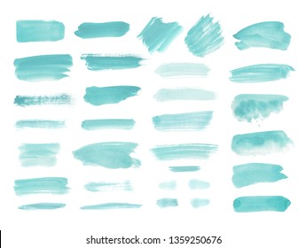 Watercolor design elements in mint, teal, blue green. Brush strokes, splashes, splatters, blobs. Hand drawn, painted texture background.