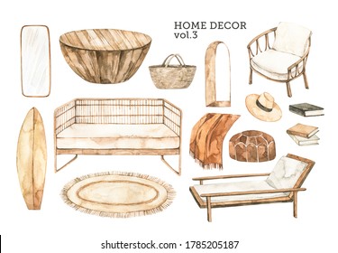 Watercolor design elements of modern interior items. Marrocco vibes. Home decor: wicker sofa, wicker chair, wooden table, arc window, rug, books. Perfect for your own projects, posters, prints