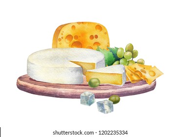 Watercolor Design Witn Different Types Of Cheese And Grapes On The Wooden Plate. Hand Painted Illustration Isolated On White Background