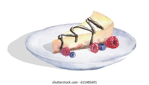 Watercolor dessert cheesecake on the plate
