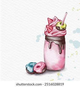 Watercolor dessert, Sweet donut, Strawberry dessert with chocolate and donuts, Sweet watercolor illustration, Digital watercolor food illustration - Powered by Shutterstock