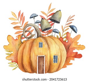 Watercolor detailed illustration of giant pumpkin house with wooden door and windows. Hand painted fall fairy tale house in the forest. Oak leaves and bushes with poisonous mushrooms