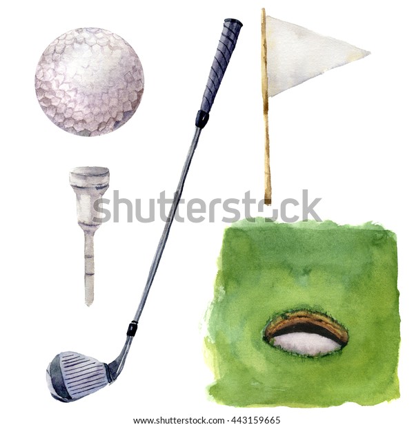 水彩の異なるゴルフエレメントセット 白い背景にゴルフイラストとホールコース ティー ゴルフクラブ ゴルフ ボール フラッグスティック 草 デザイン 背景 または壁紙 のイラスト素材