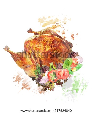 Watercolor Digital Painting Of Roasted Whole Turkey With Salad