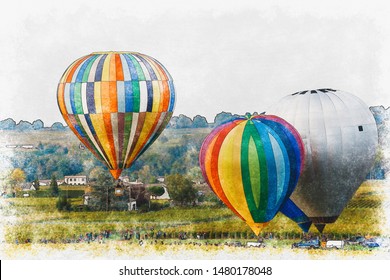 Watercolor digital painting of Saint Emilion Montgolfiades Hot air baloon special event summer destination in france.