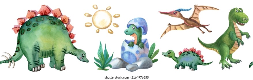 Watercolor dino border. Dinosaur baby in egg. Stegosaurus, tyrannosaurus,Pterodactyl.Animal kid, sun, stone and green plants. Izolated illustration on white background. Watercolour print for children.