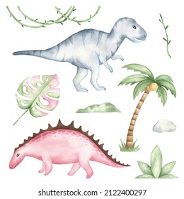 Watercolor Dino Illustration. Cute Animal. Tropical Floral And Plants. Elements For Kids Decor.