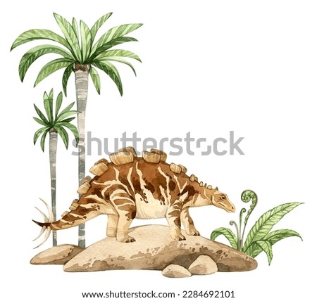 Watercolor dinosaur illustration with prehistoric landscape. Hand drawn Wuerhosaurus on the rocks with palm trees. Detailed dino clipart for kids products. Children Encyclopedia of ancient animals.